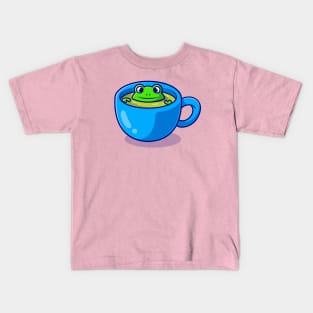 Cute Frog In Green Tea Cup Cartoon Kids T-Shirt